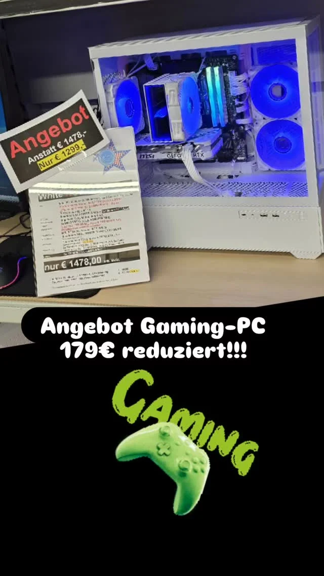TOP ANGEBOT:

GAMING-PC in edlem Weiß

i-14600KF - 14Kern Prozessor bis 5.3GHz
A40 Sharkoon CPU Kühler 220W TDP -weiß
B760M GAMING X AX Gigabyte - WiFi 6E
32GB DDR5 5600Mhz CL36 KINGSTON RGB
1TB NVME PciE 4.0 bis 6000MB/s
RTX4060 MSI VENTUS OC 8GB - weiß
SHARKOON MK6 MidiTower RGB Echtglas-weiß
Thermaltake Toughpower 750W 80+ GOLD ATX31

€1299,- anstatt €1479,- inkl. MwSt.
Inkl. Installation Windows 11 (Lizenz €59-)

#pcicebox #oberasbach #computerprofis #gamingpc #usstore #americanshopping #conceptstore